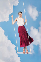 Silk Pleated Midi Skirt with Flowy A-Line Cut